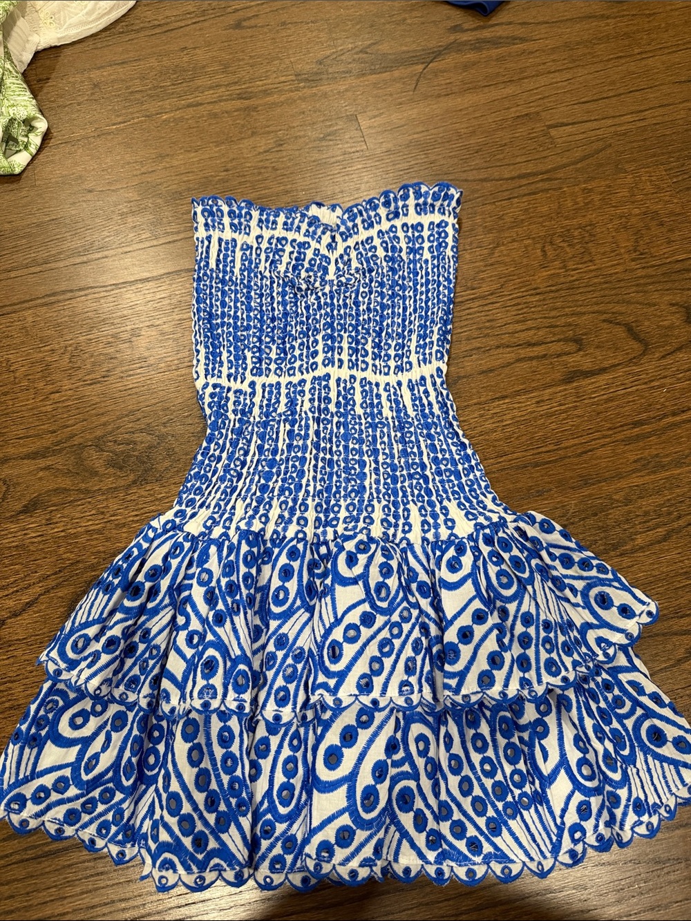 Trendy boutique Blue and White Strapless Tiered Mini Dress